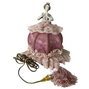 Antique Half Doll Boudoir Lamp Pink Silk Lace Shade Victorian Bed Lamp